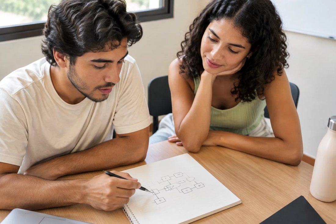 Participante de pé sustentando uma posição enquanto o grupo sentado à mesa toma nota